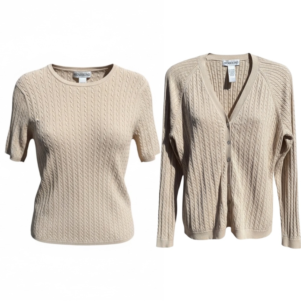 Mendocino Oatmeal Cotton Cable Knit Twinset Cardigan &‎ Shell 2-Piece Set